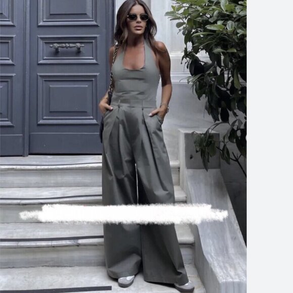 NWT ZARA FULL LENGTH GABARDINE JUMPSUIT DARK KHAKI - Picture 1 of 9